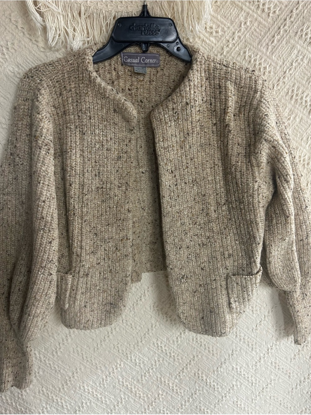 Casual Corner Neutral Structured cropped Speckled Knit Cardigan in Cream-Tan